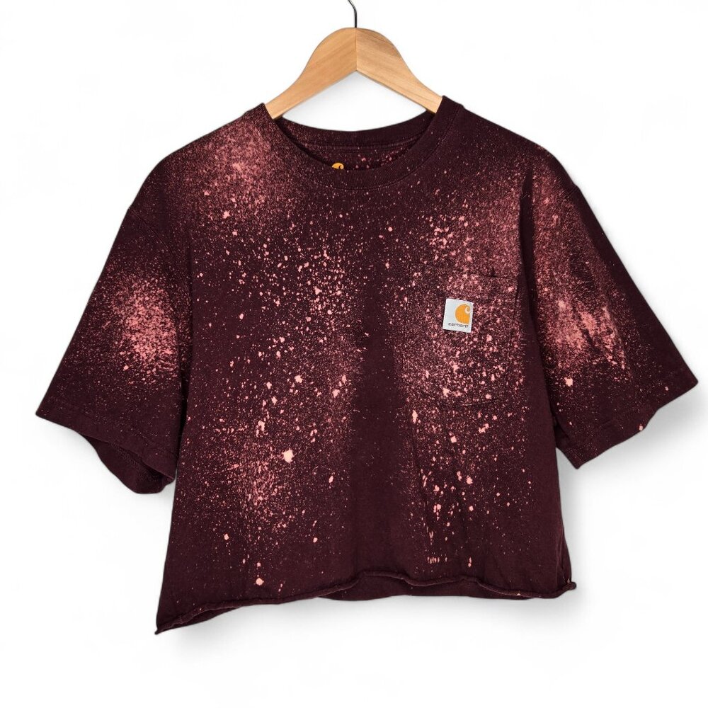 Carhartt Crop Top Women's Bleach Splatter Maroon Everyday Summer Rolled Hem M